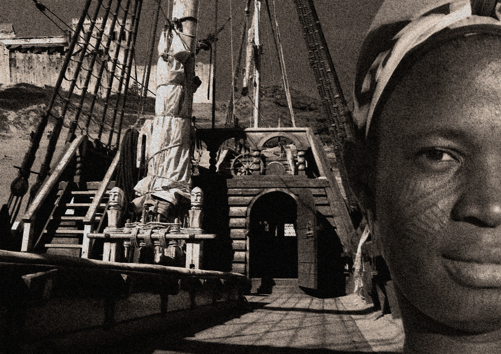 Black and White photo composite of Cape Coast Castle, a slave vessel and an African Woman, by Remo Kurka