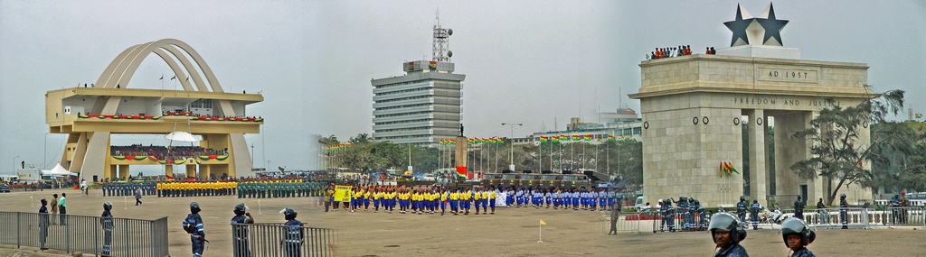 Panoramic photo composite of Black Star Independence Square and Black Star Gate, Accra, Ghana